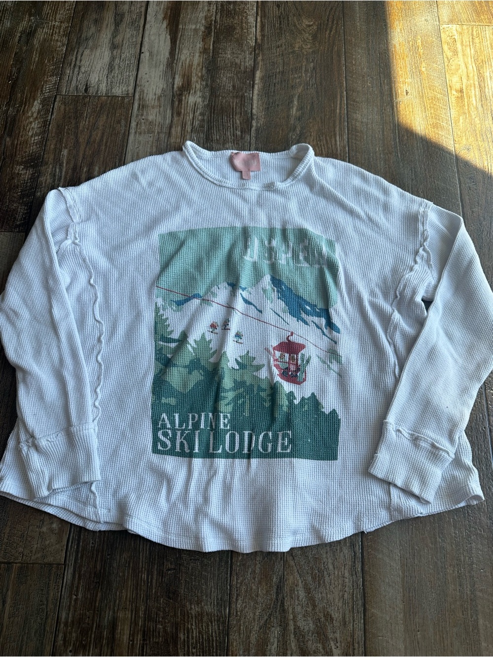 Mumu White Waffle Knit Thermal Pullover Top Alpine Ski Lodge Graphic Womens S